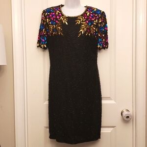 VTG Elite Formal Dress Black Midi  Metallic Gold Sequins Beads Floral Medium